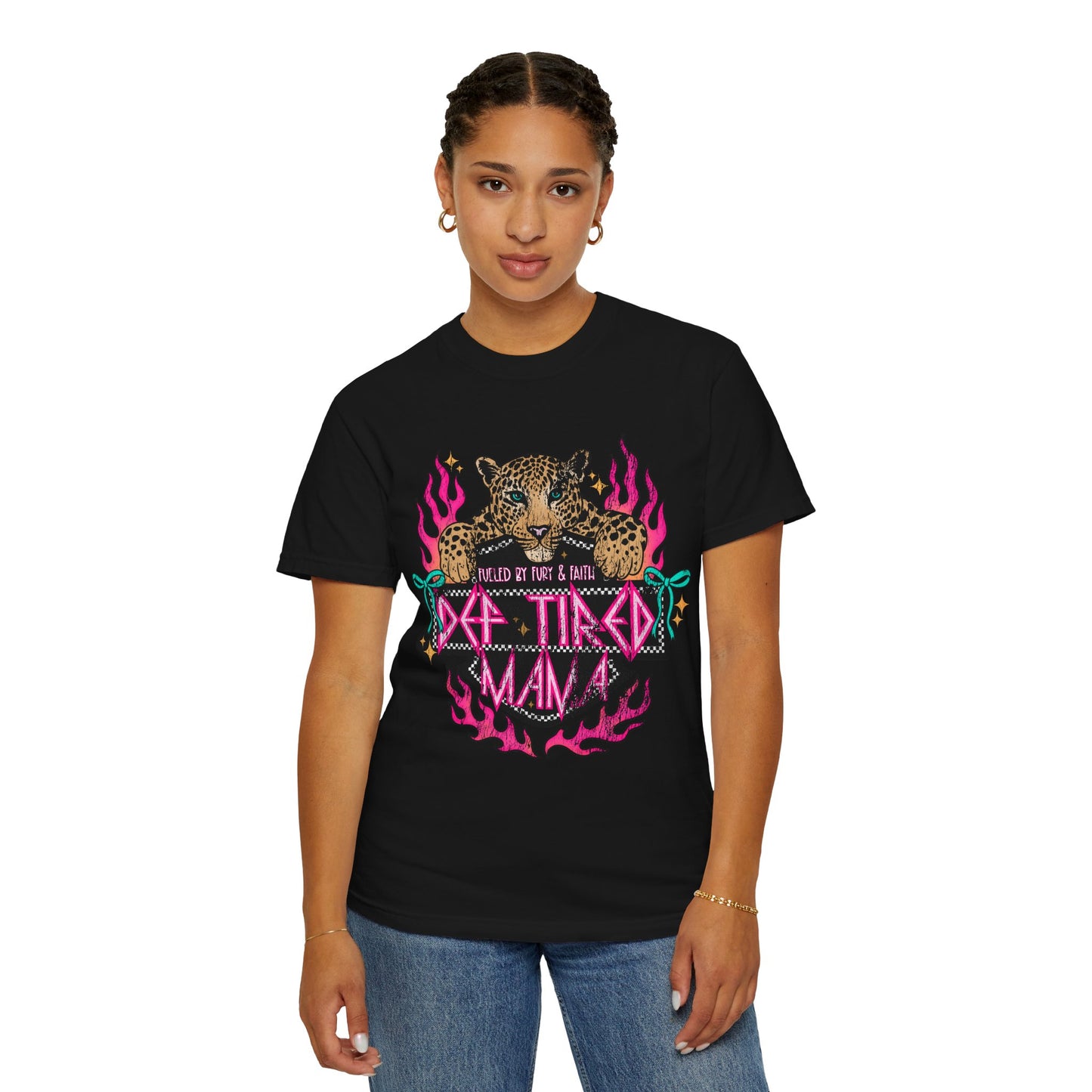 So Tired Mama T-shirt | Leopard, Pink Flames, Retro Gothic Text
