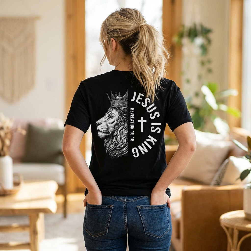 Jesus Is King Lion T-Shirt — Christian Faith Tee with Crown & Revelation 19:16