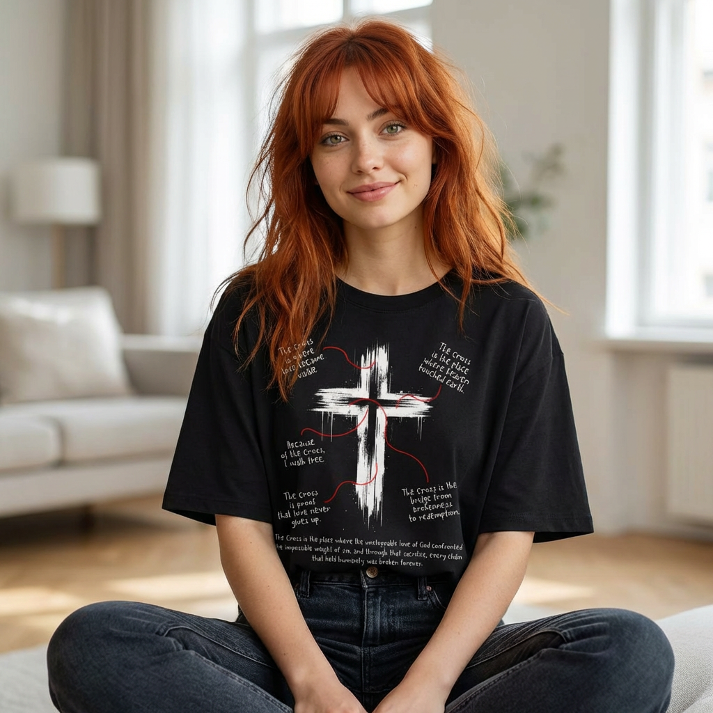 Oversized Christian Cross Brushstroke Tee — Faith Inspirational Graphic T-Shirt