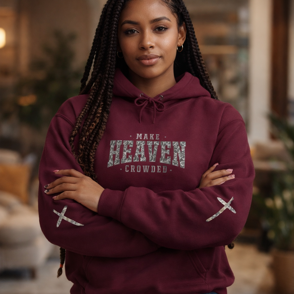 Make Heaven Crowded Camo Hoodie | Christian Duck Camo Front Back Sleeve Design