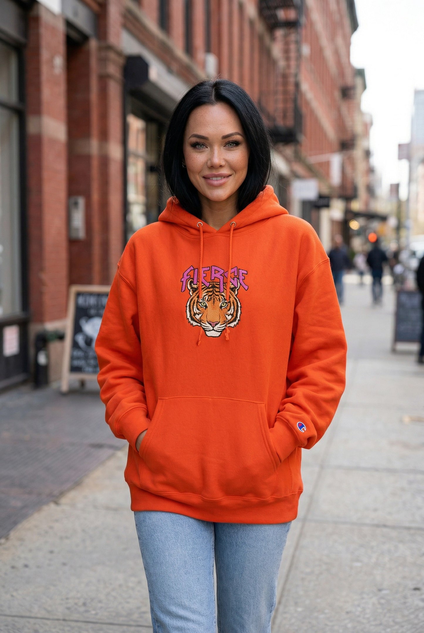 Fierce Tiger Illustration Hoodie | Retro Rock Script, Grey Pullover