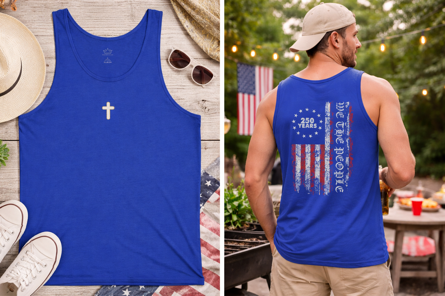 Distressed American Flag Tank Top with Small Cross — Patriotic 4th of July Jersey Tank