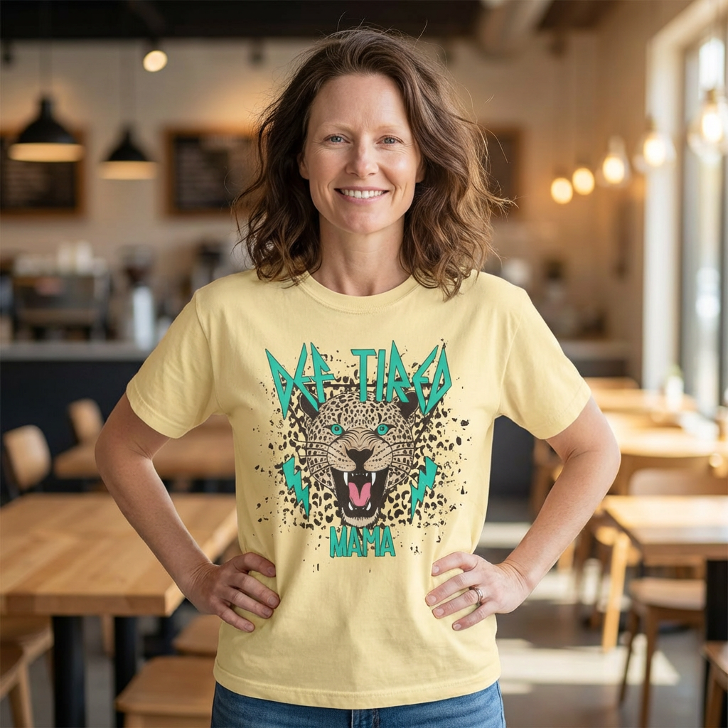 Tired Mama Roaring Leopard Graphic T-shirt | Retro Teal Lightning, Animal Print