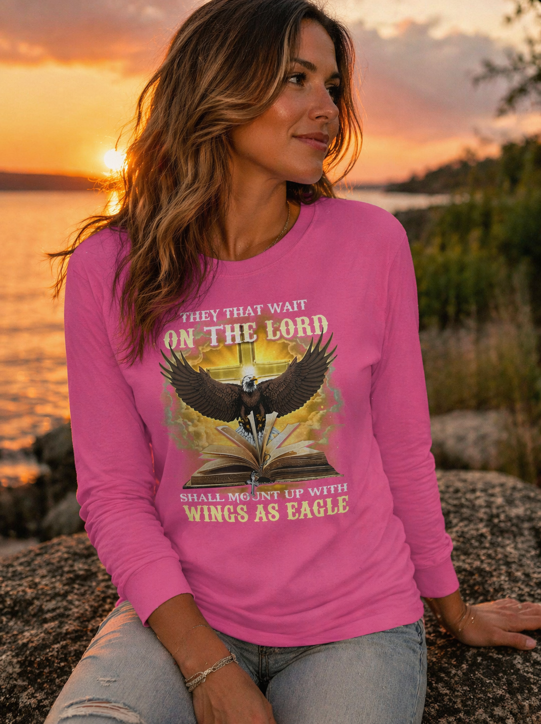 Christian Eagle Long Sleeve Shirt — "On The Lord Wings As Eagles" Graphic