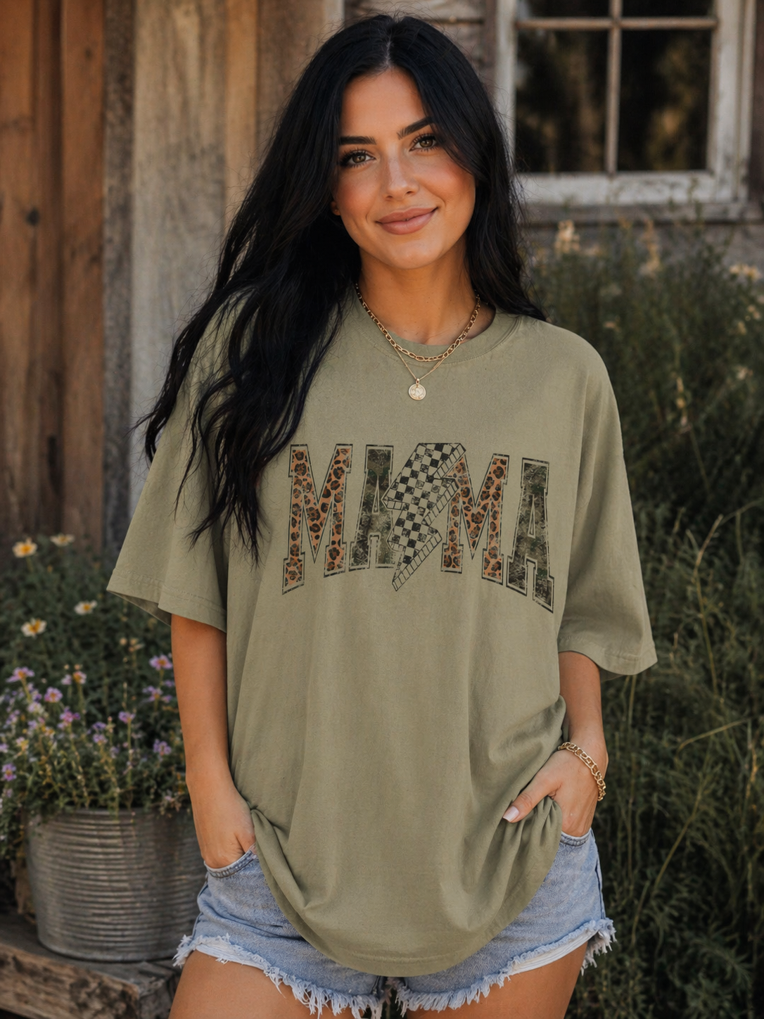 Mama Leopard Camo Print with Checker lightning bolt and Heart T-Shirt | MAMA Tee
