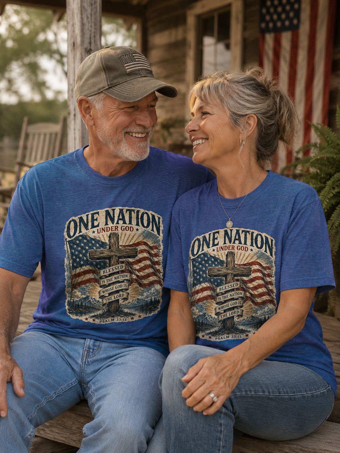 One Nation Under God T-Shirt — Patriotic Christian Tee with Cross & American Flag (Psalm 33:12)