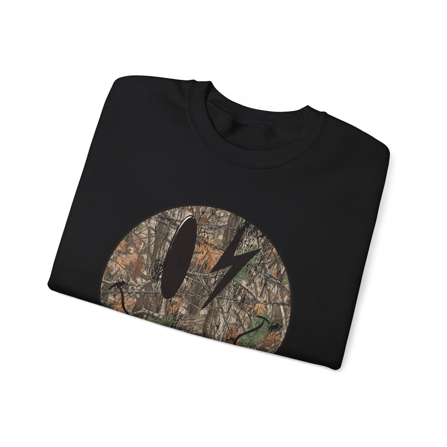Woodland Camouflage Vintage Smily Face Circle Sweatshirt | Tree Bark Nature Crewneck