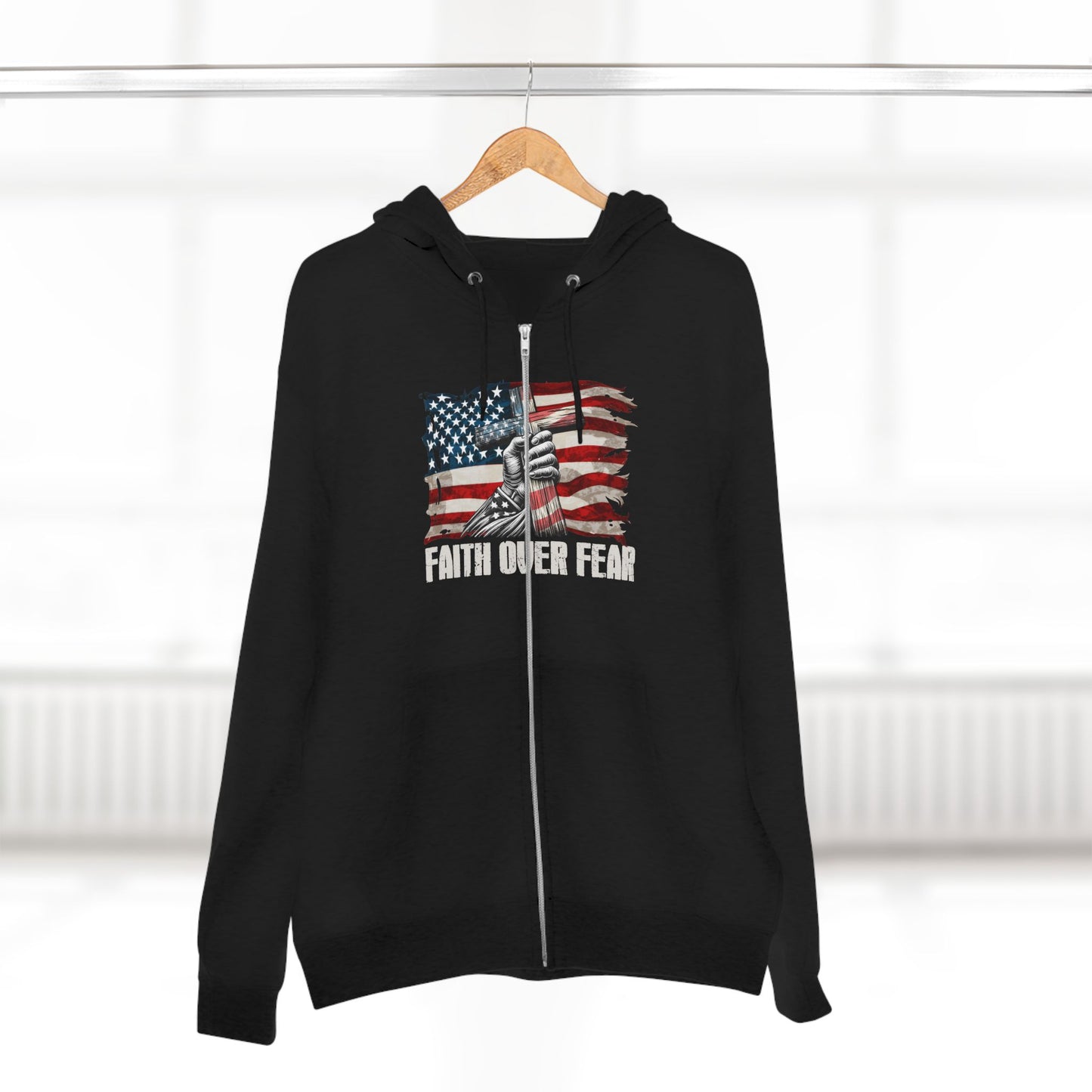 Faith Over Fear American Flag Cross Zip Hoodie