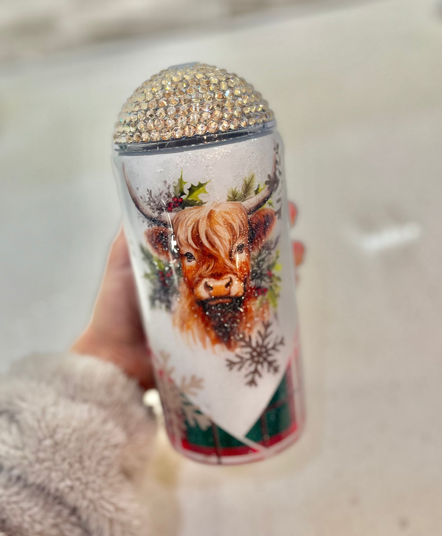 Christmas Rhinestone Highland Cow Tumbler Bling Top Lid