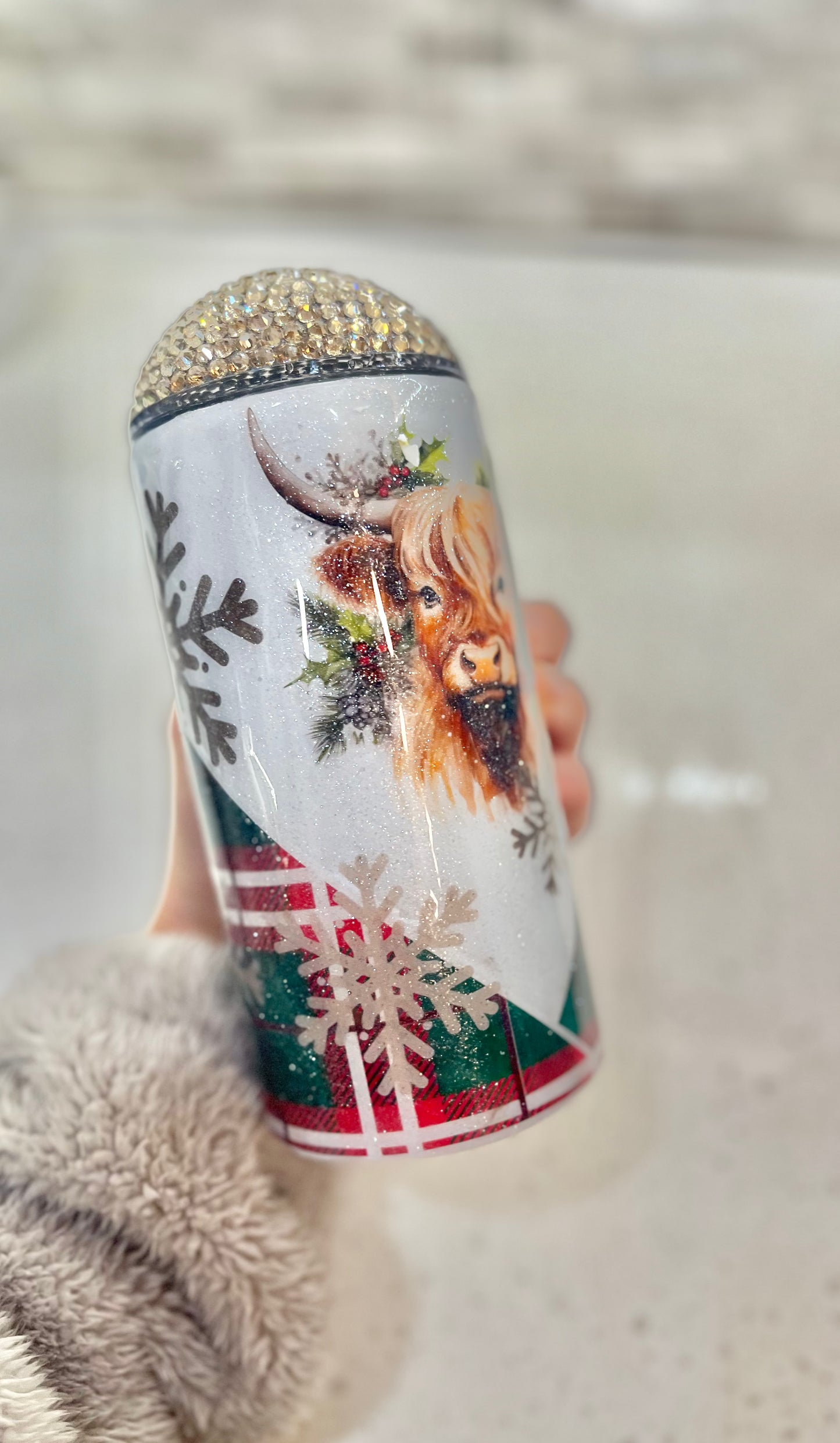 Christmas Rhinestone Highland Cow Tumbler Bling Top Lid