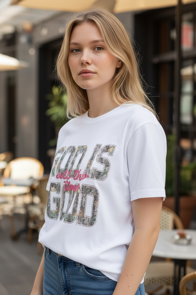 God Is Good Camo typography T-shirt | Christian faith shirt