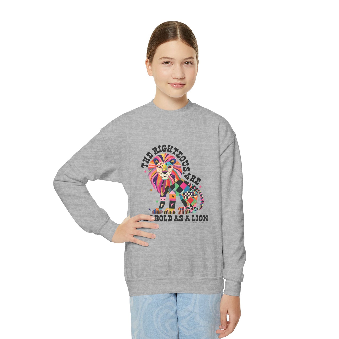 Youth Crewneck Sweatshirt — Colorful Patchwork Lion “The Righteous Are As Bold As A Lion” Kids Graphic Pullover