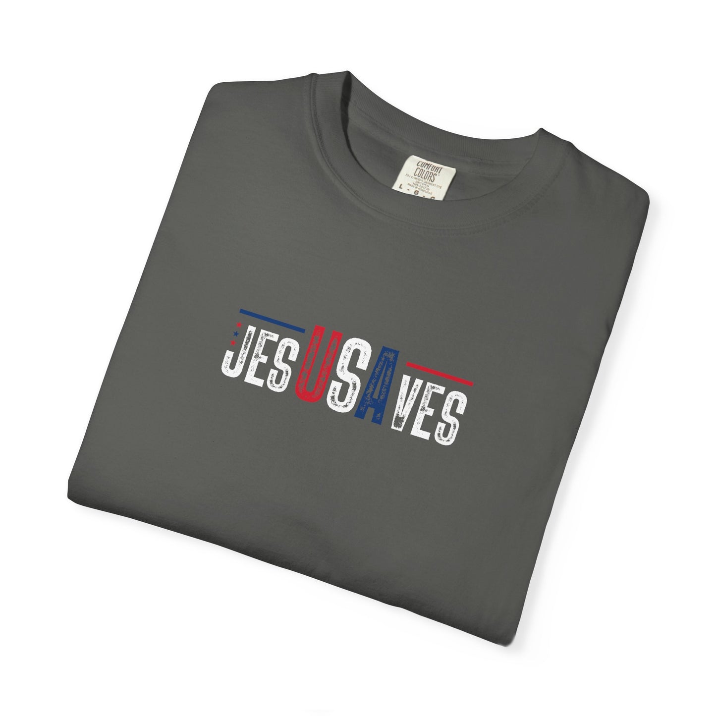 USA Jesus Saves Flag T‑Shirt — Red & Blue Vintage Lettering