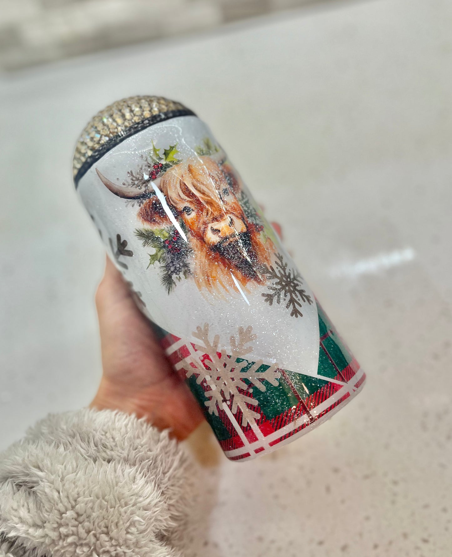 Christmas Rhinestone Highland Cow Tumbler Bling Top Lid