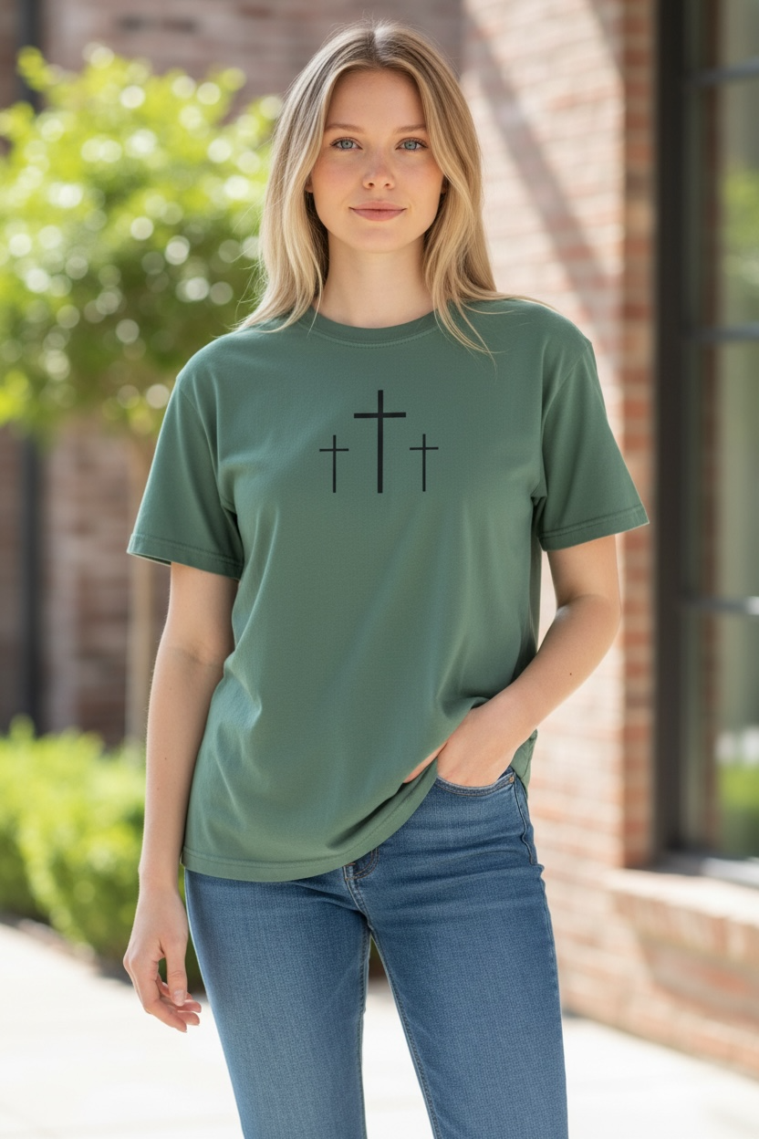 Faith Over Fear Three Crosses T-Shirt — Christian Front & Back Design