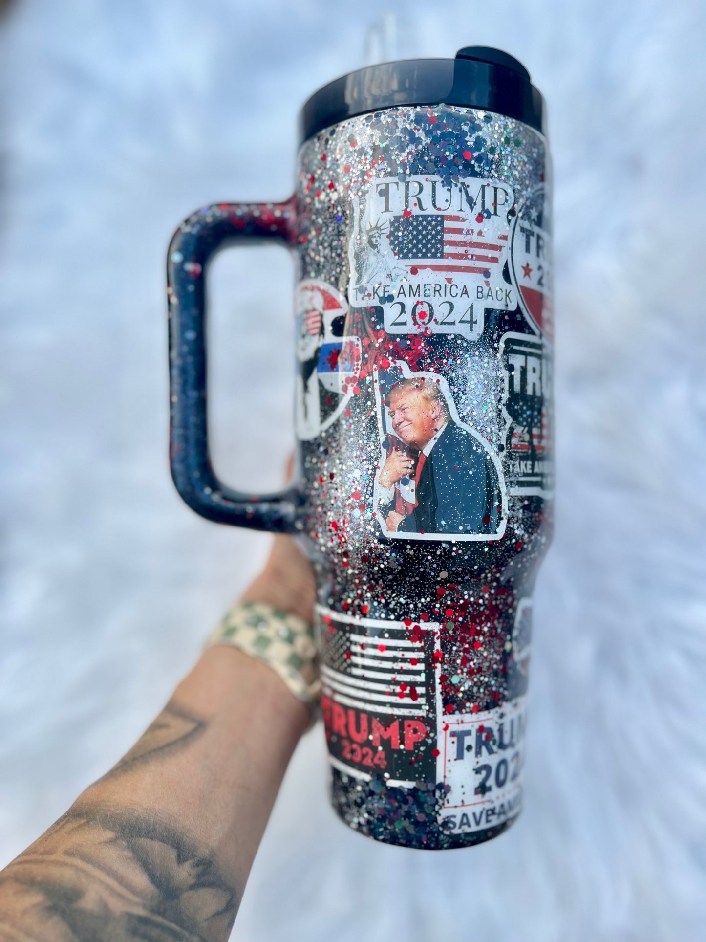 Trump Cup Red White & Blue Glitter Trump 2024 Trump Tumbler With Handle 40oz Trump Train