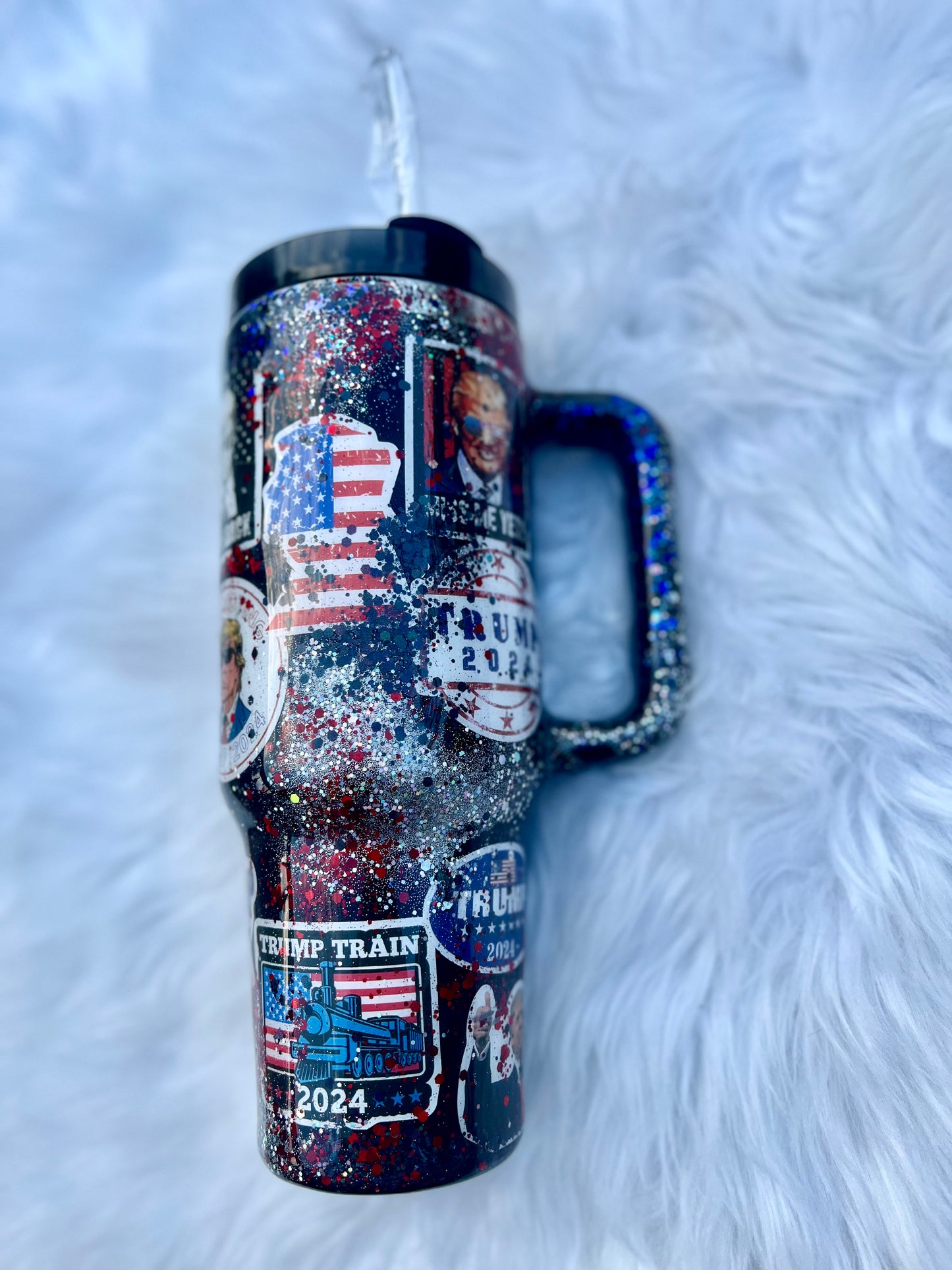Trump Cup Red White & Blue Glitter Trump 2024 Trump Tumbler With Handle 40oz Trump Train
