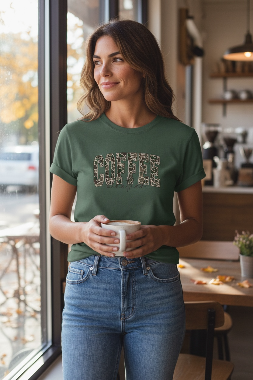 Coffee Weather T-Shirt — Vintage camo Coffee Lover Tee