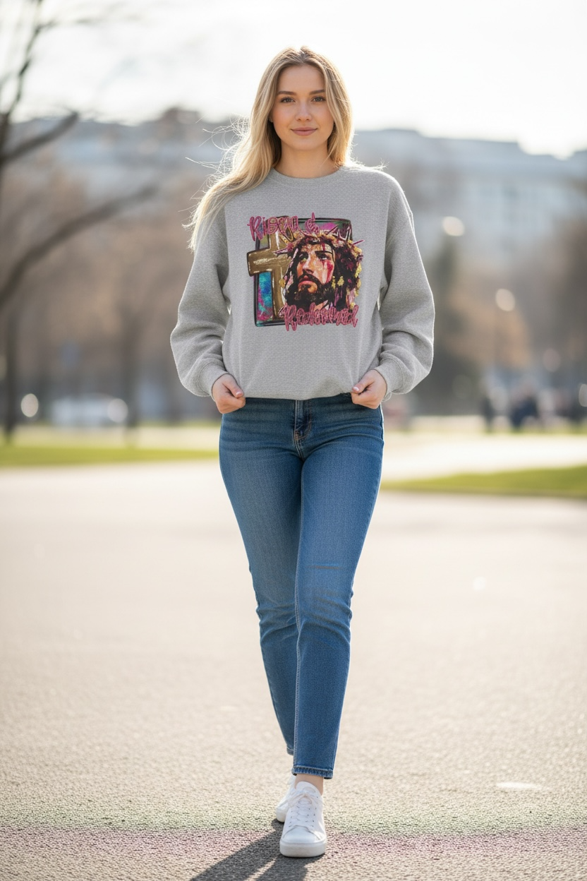 Christian Crewneck Sweatshirt — "Faith Over Fear" Jesus Crown of Thorns Design