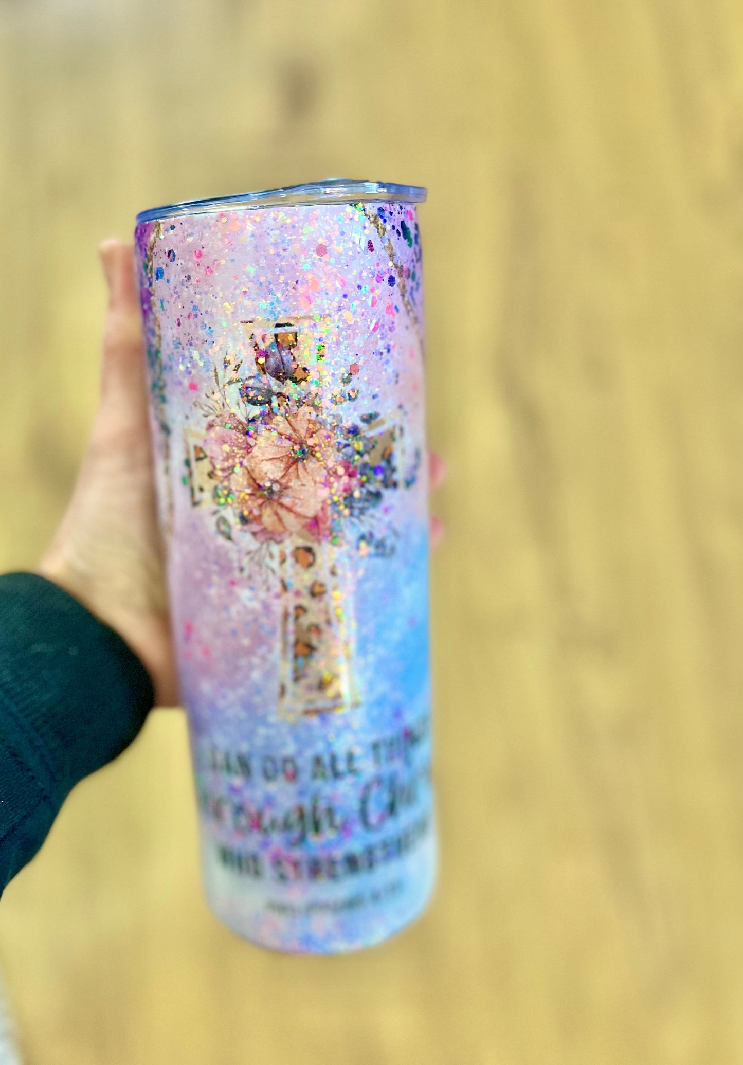 I can do all things through Christ who strengthens me Philippians 4:13 tumbler faith tumbler cross tumbler glitter cross tumbler scripture