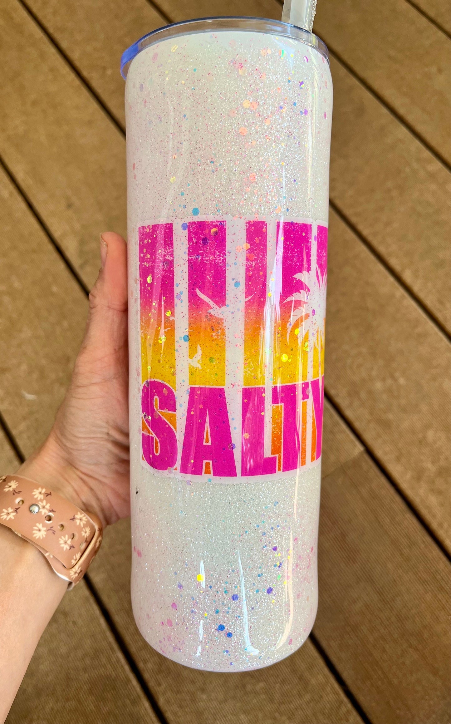 30 oz. Salty Tumbler Beach Tumbler Epoxy Tumbler Waves tumbler Pink glitter white glitter