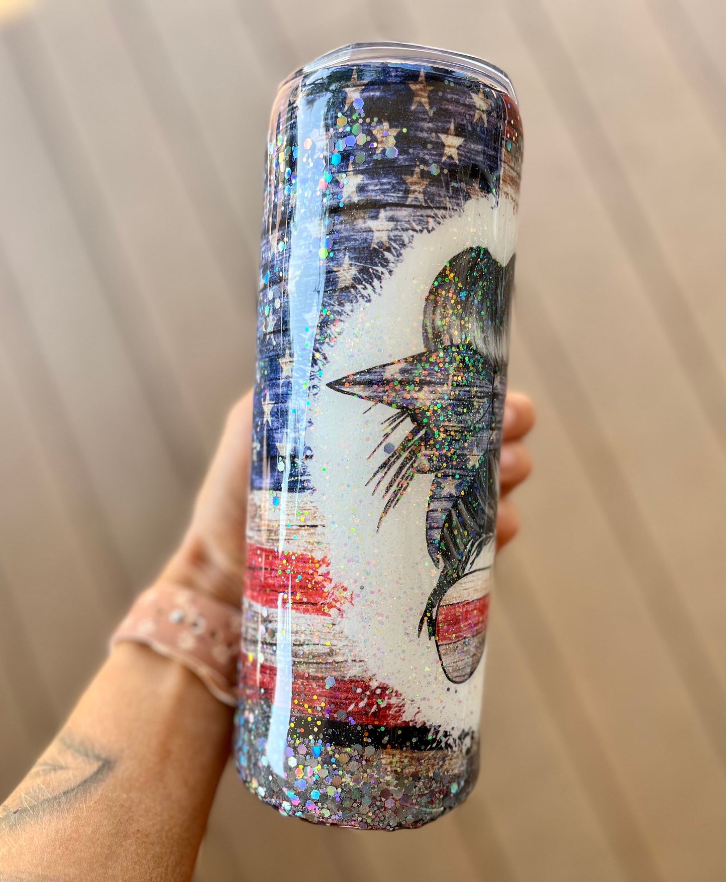Glitter American Flag Messy Bun America Vintage Flag Glitter Tumbler Messy Bun Girl Mama Mom Glitter Mom Tumbler USA Tumbler American Girl