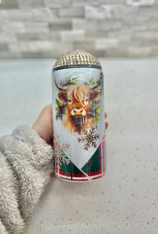 Christmas Rhinestone Highland Cow Tumbler Bling Top Lid