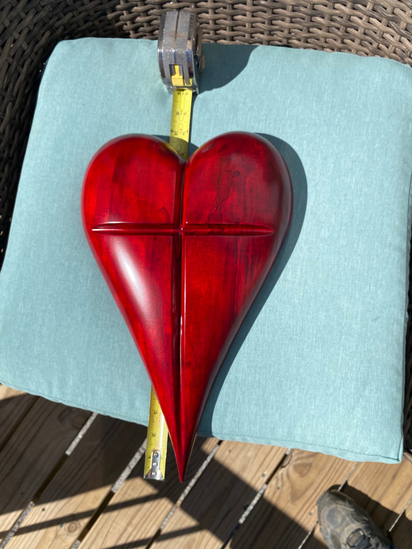 3D art Large RED heart with cross Hand Carved Wooden Heart Wall Decor – 3D Rustic Wood Heart Sculpture – Anniversary / Wedding Gift – Handmade Natural Wood Art