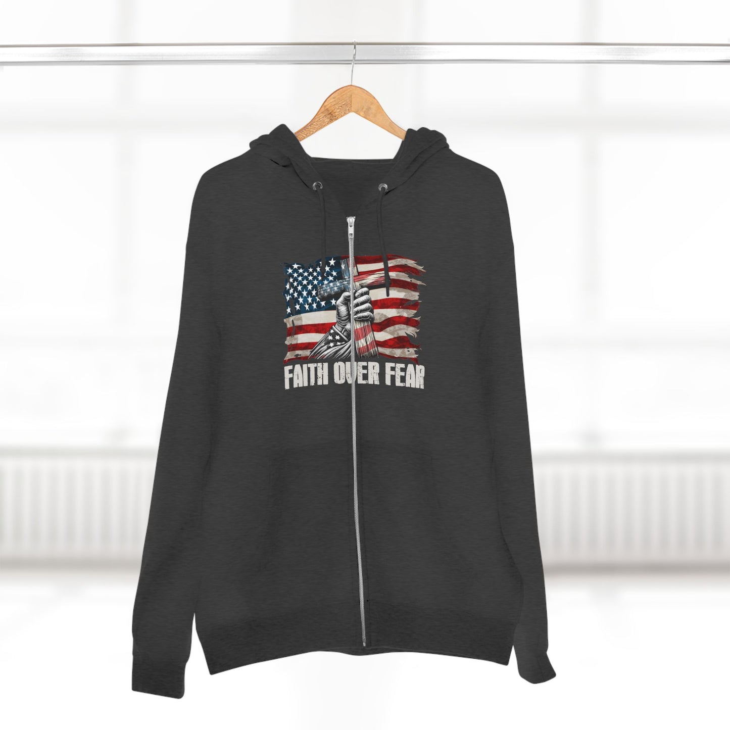 Faith Over Fear American Flag Cross Zip Hoodie