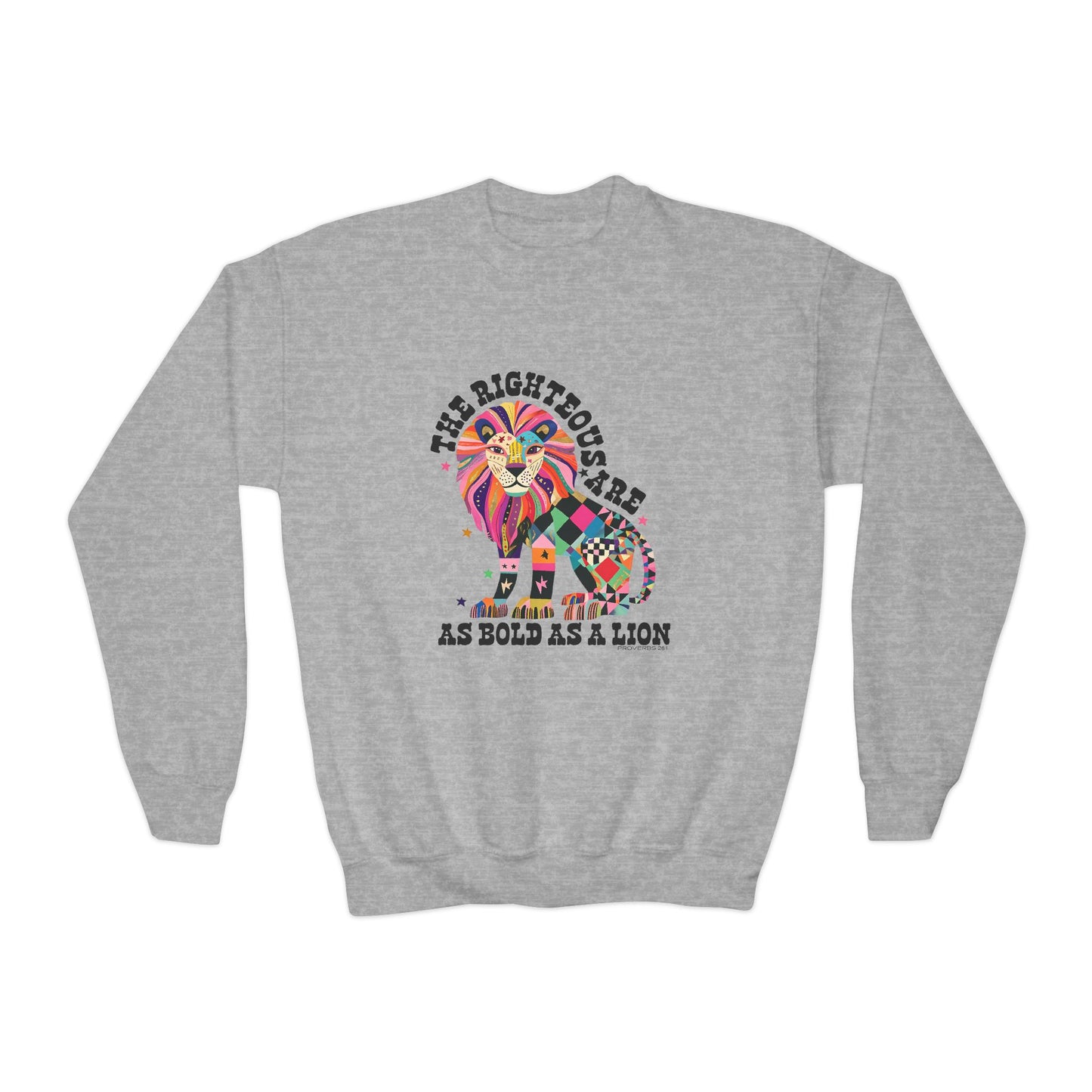 Youth Crewneck Sweatshirt — Colorful Patchwork Lion “The Righteous Are As Bold As A Lion” Kids Graphic Pullover