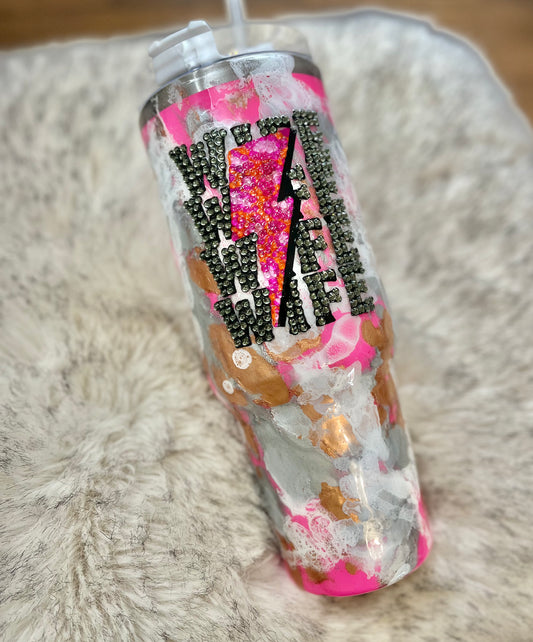 WIFE rhinestone Tumbler rhinestones glass rhinestones Tumbler with Handle cup with handle Pink Glitter Tumbler With Handle