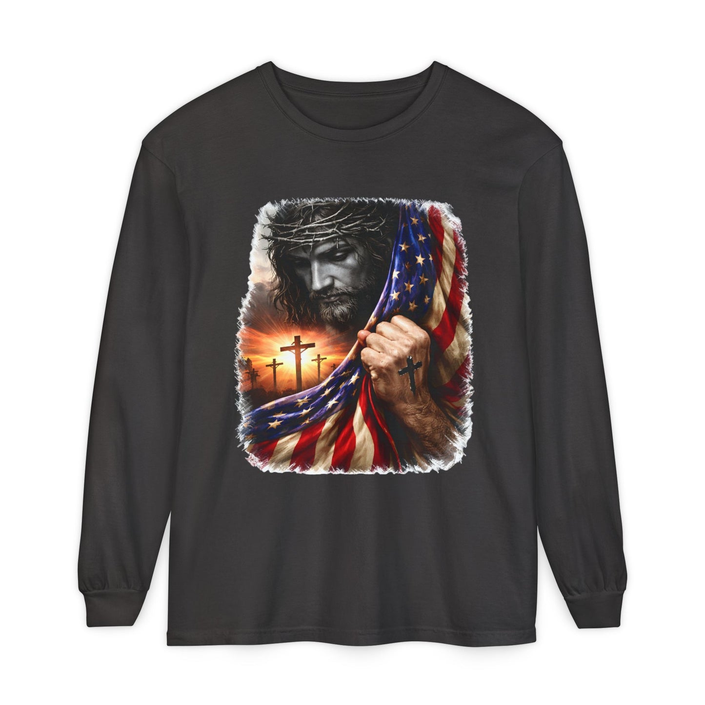 Christian Jesus Flag Long Sleeve Tee — Patriotic Faith Graphic T-Shirt
