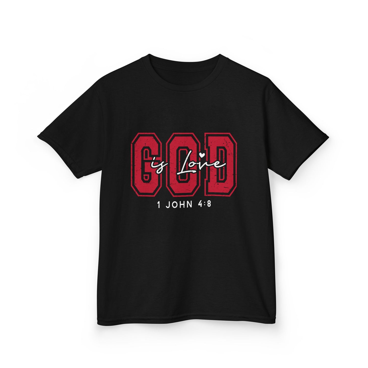 Kids Tee — Distressed Red 'GOD is love' Varsity Lettering