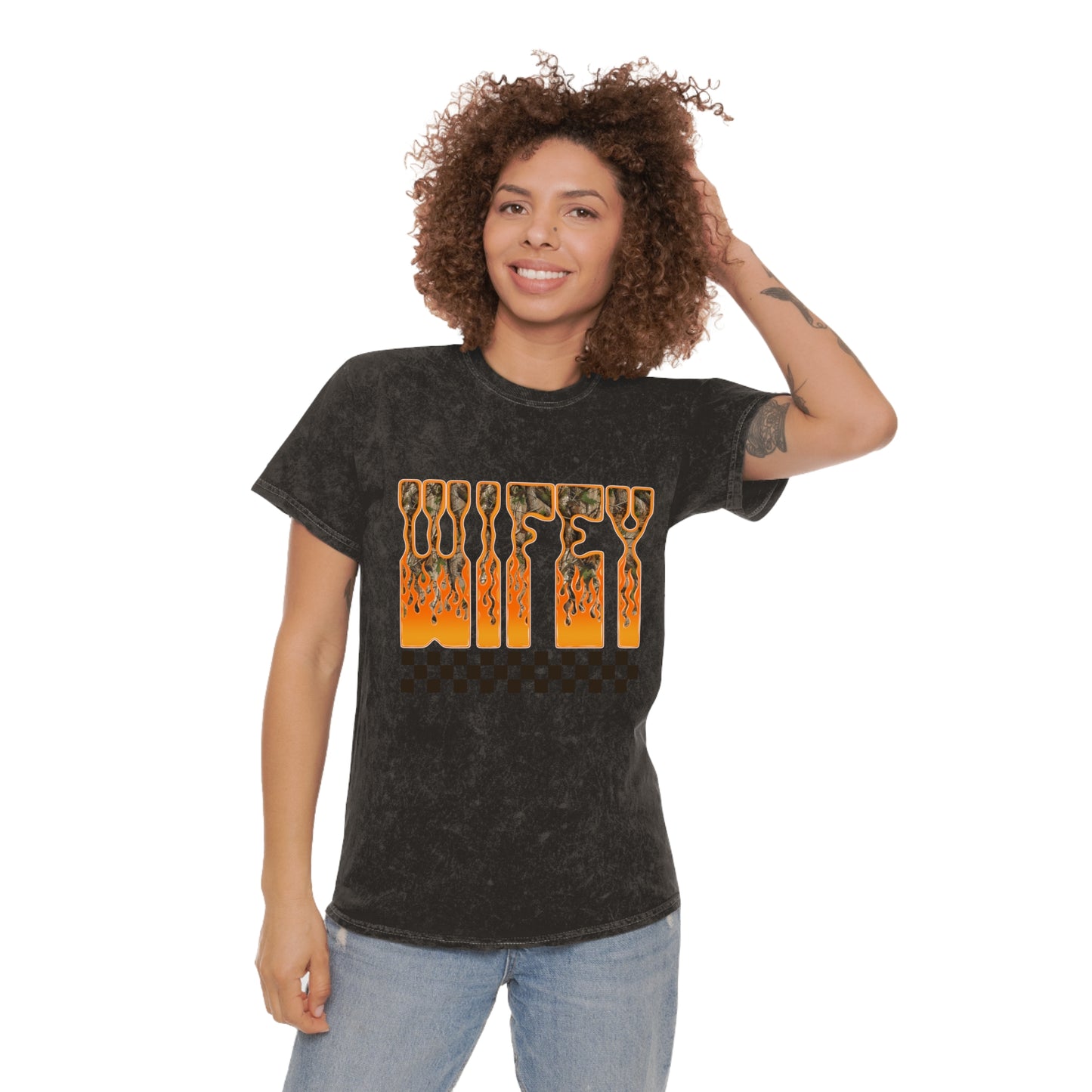 Wifey checkered Flame Graphic T-Shirt Checkerboard mineral wash