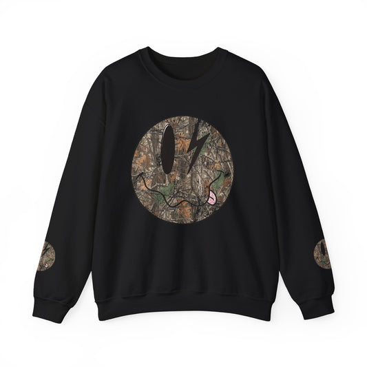 Woodland Camouflage Vintage Smily Face Circle Sweatshirt | Tree Bark Nature Crewneck