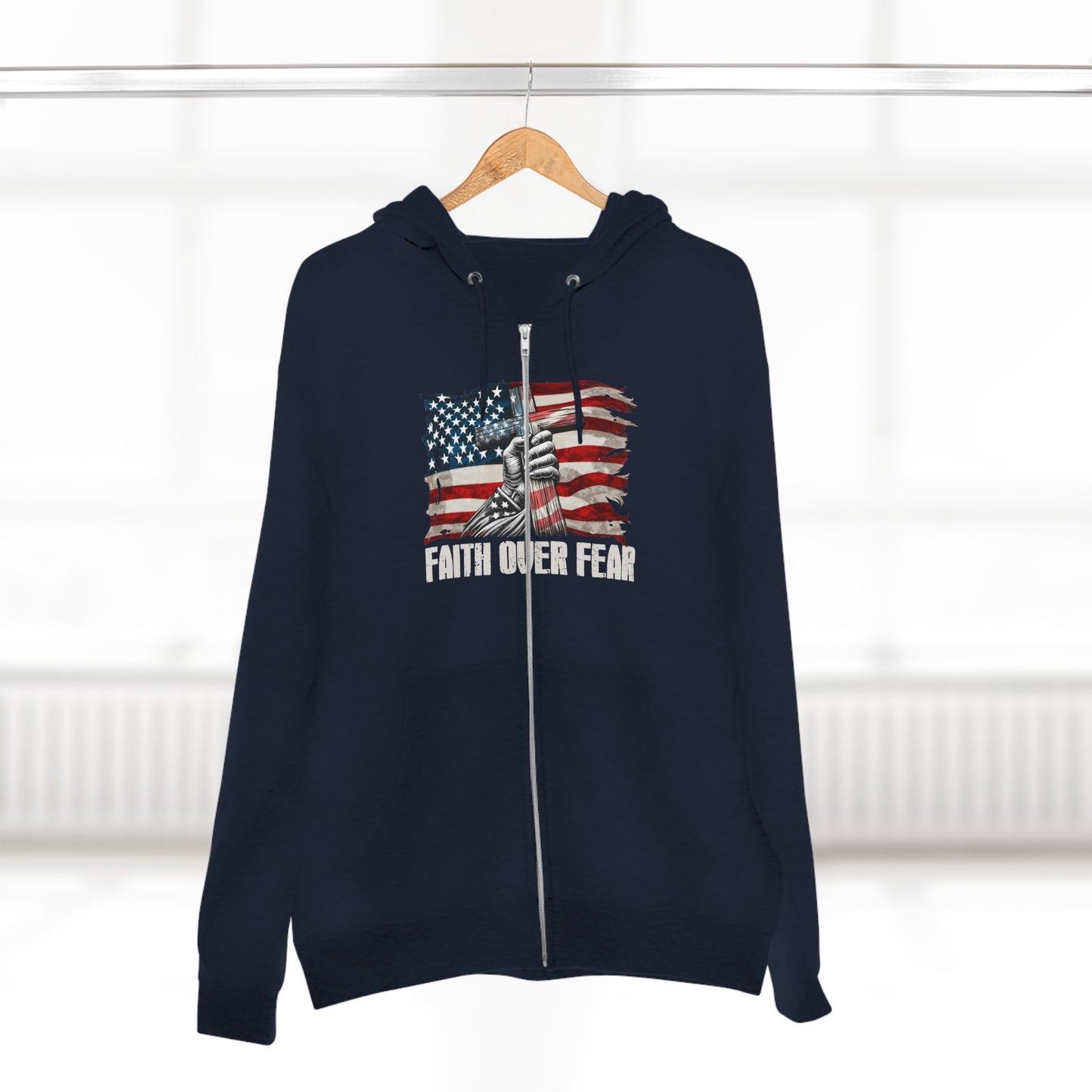 Faith Over Fear American Flag Cross Zip Hoodie