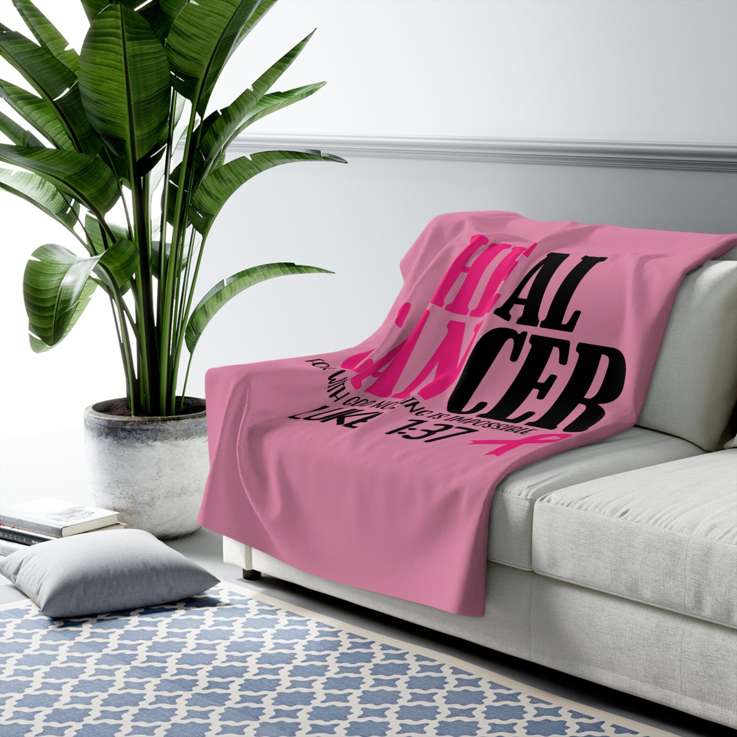 Breast Cancer Hope Sherpa Blanket — "Heal Cancer" Luke 1:37 Pink Ribbon