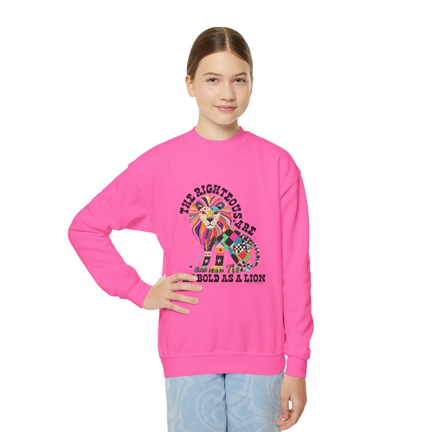 Youth Crewneck Sweatshirt — Colorful Patchwork Lion “The Righteous Are As Bold As A Lion” Kids Graphic Pullover