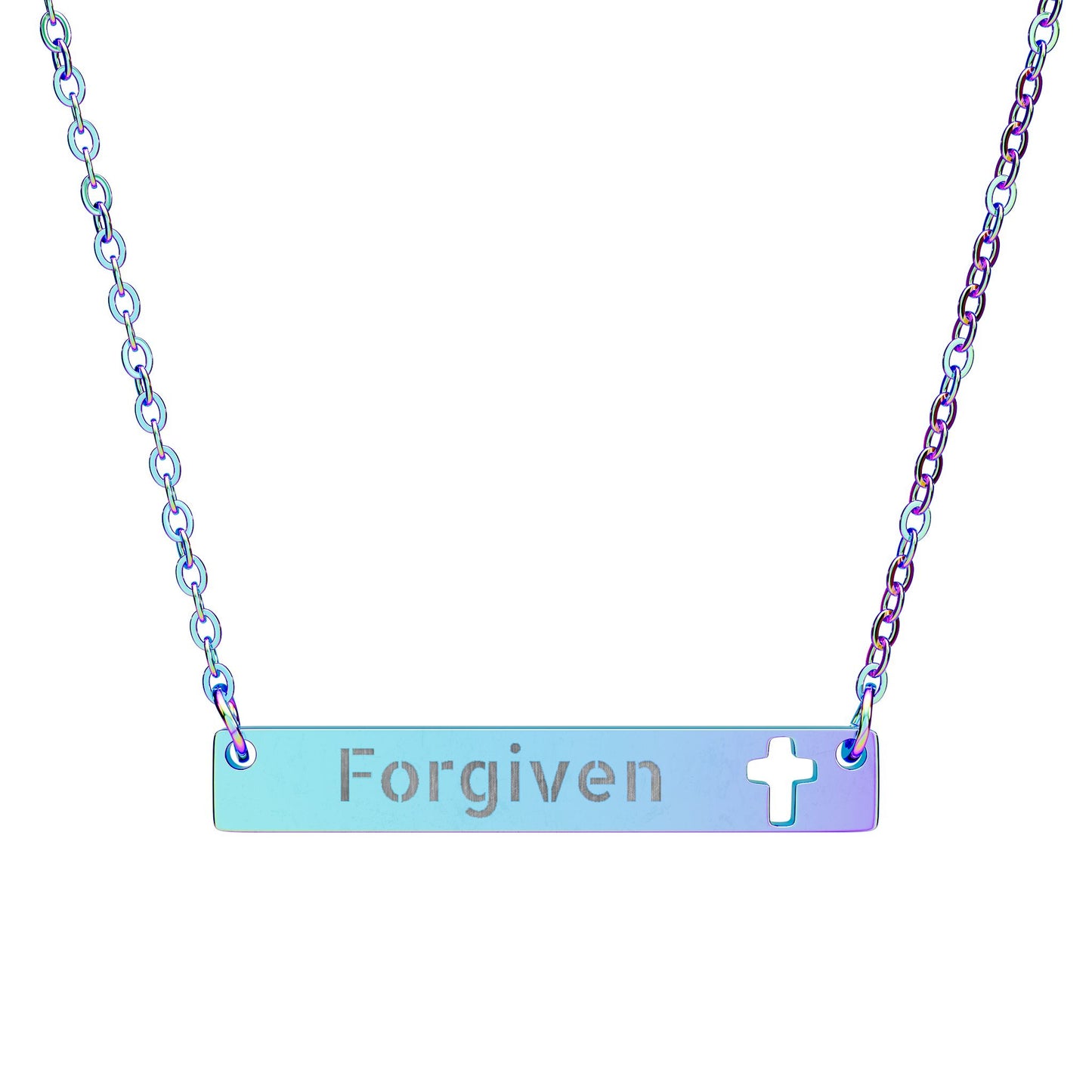 Forgiven Cutout Cross Bar Necklace — Engraved Christian Bar Pendant