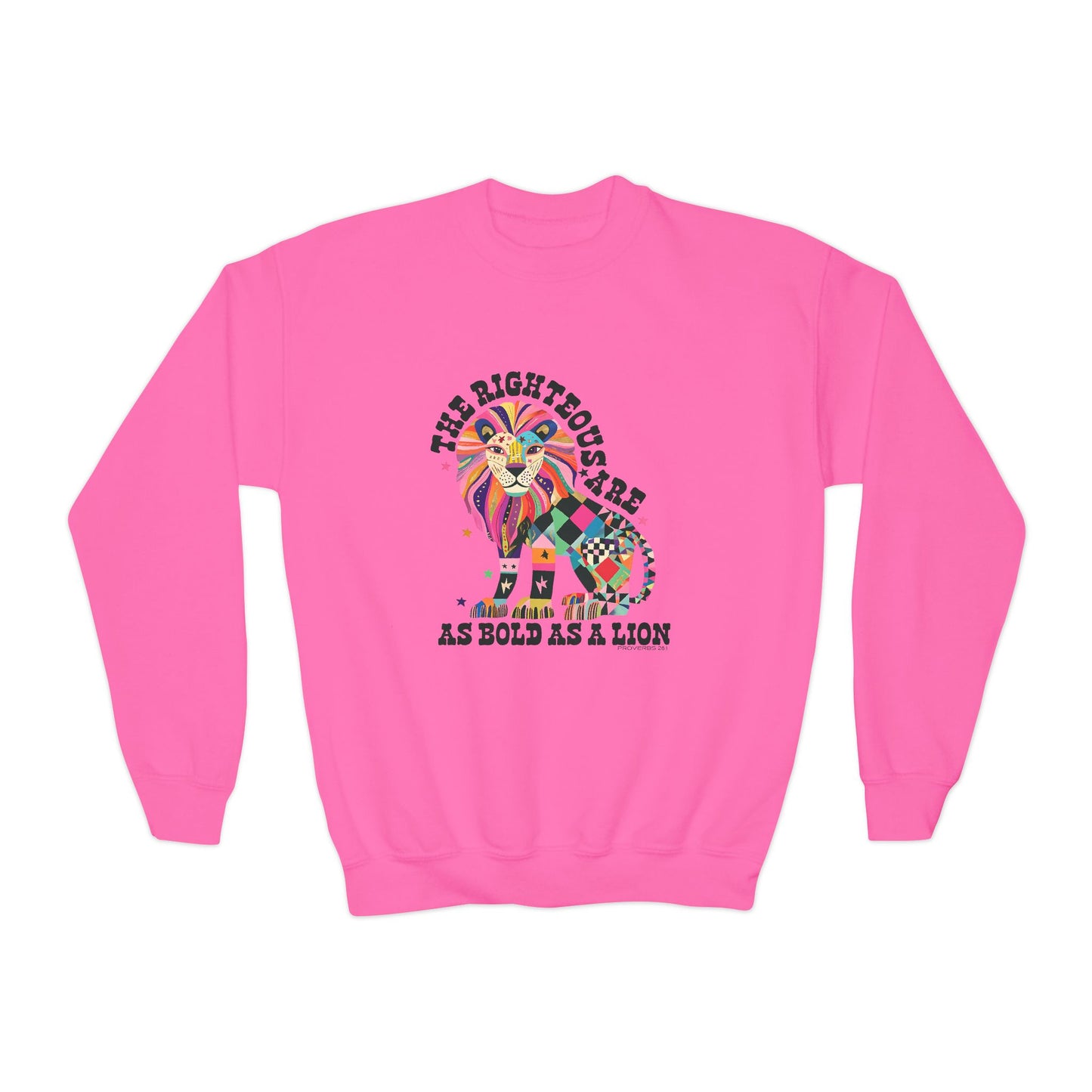 Youth Crewneck Sweatshirt — Colorful Patchwork Lion “The Righteous Are As Bold As A Lion” Kids Graphic Pullover