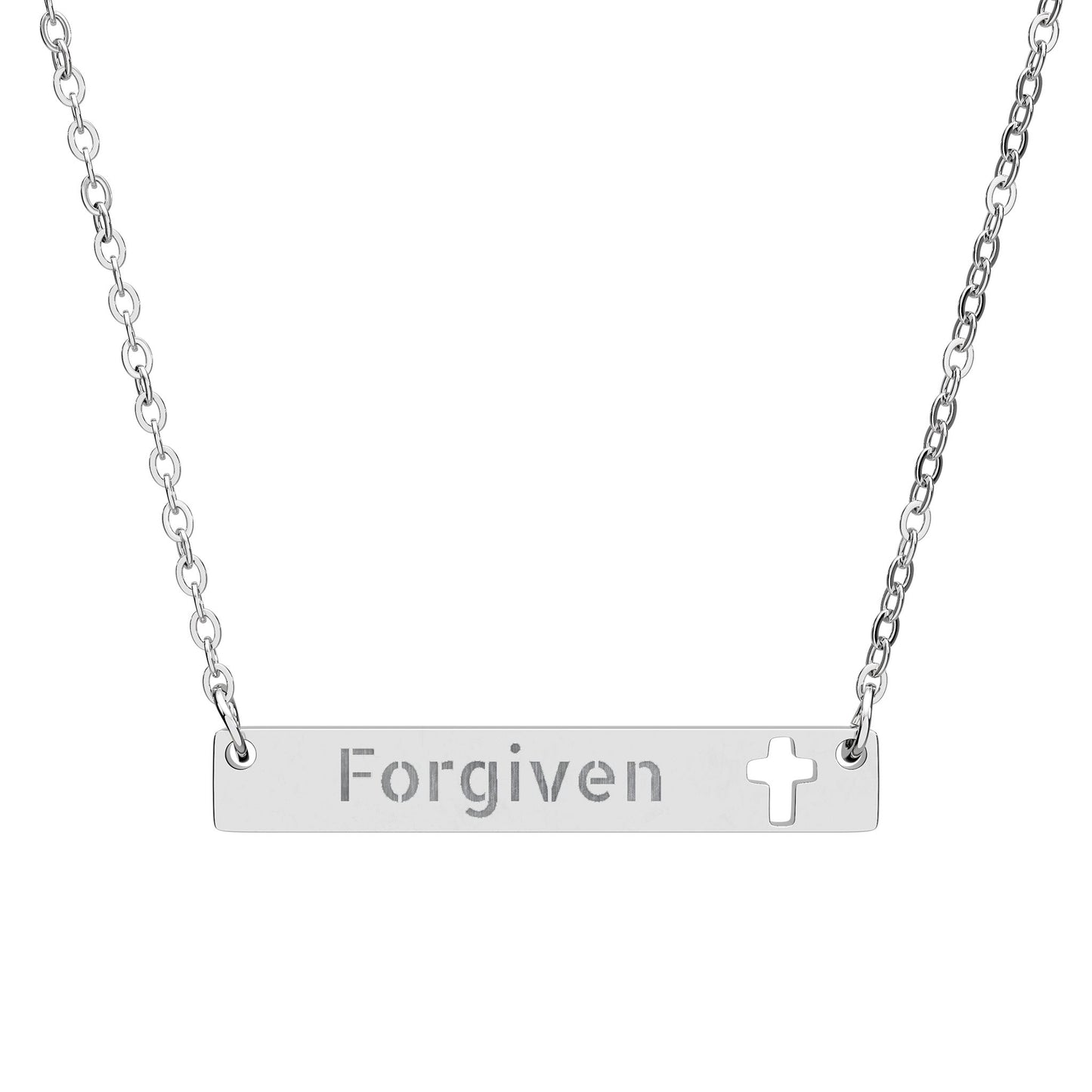 Forgiven Cutout Cross Bar Necklace — Engraved Christian Bar Pendant