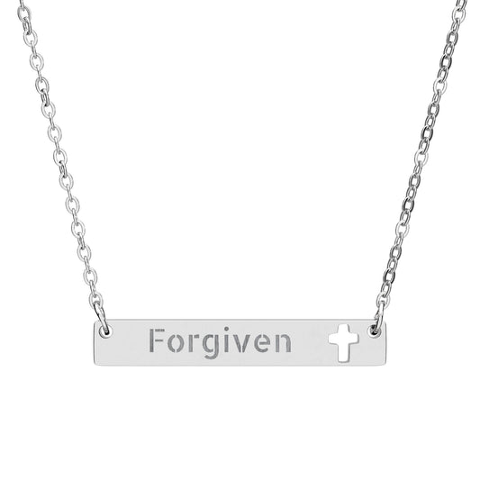 Forgiven Cutout Cross Bar Necklace — Engraved Christian Bar Pendant