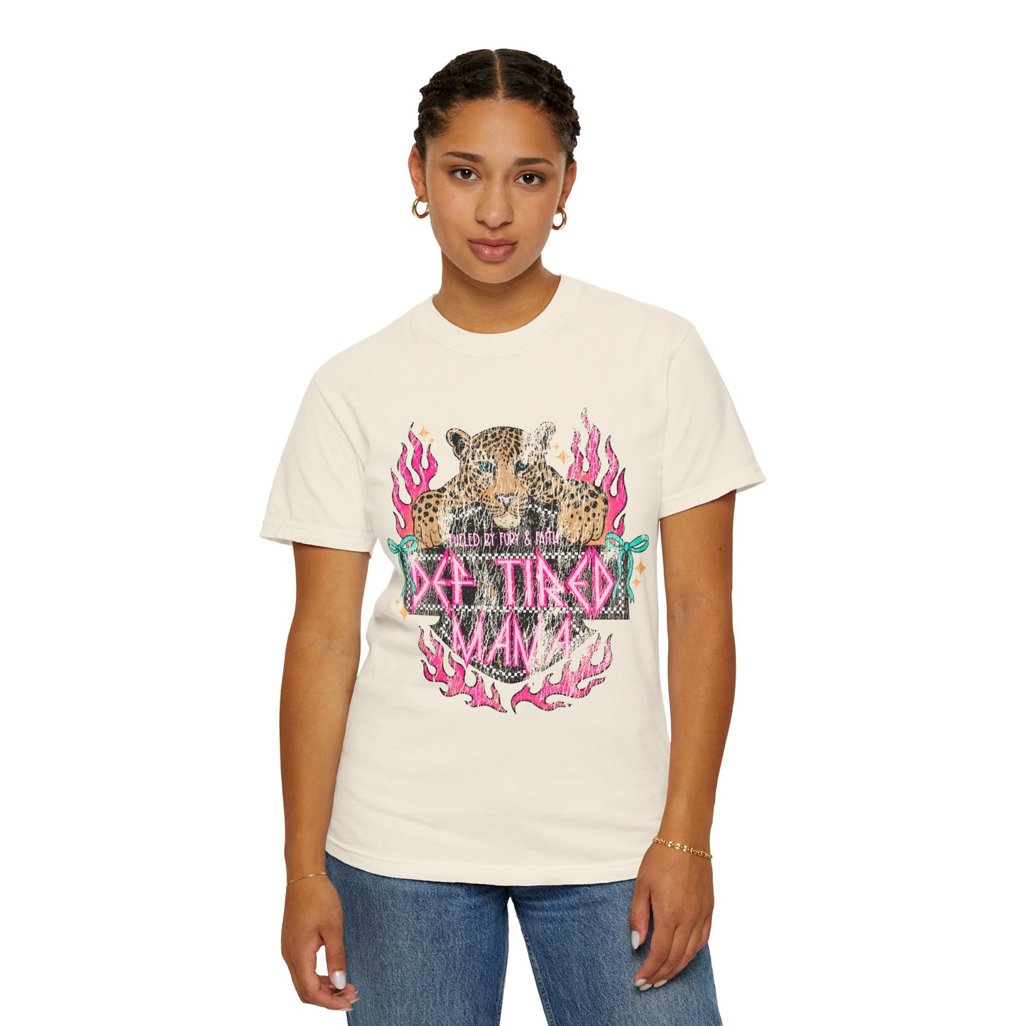 So Tired Mama T-shirt | Leopard, Pink Flames, Retro Gothic Text
