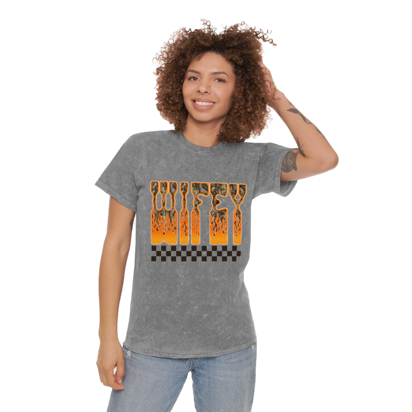 Wifey checkered Flame Graphic T-Shirt Checkerboard mineral wash