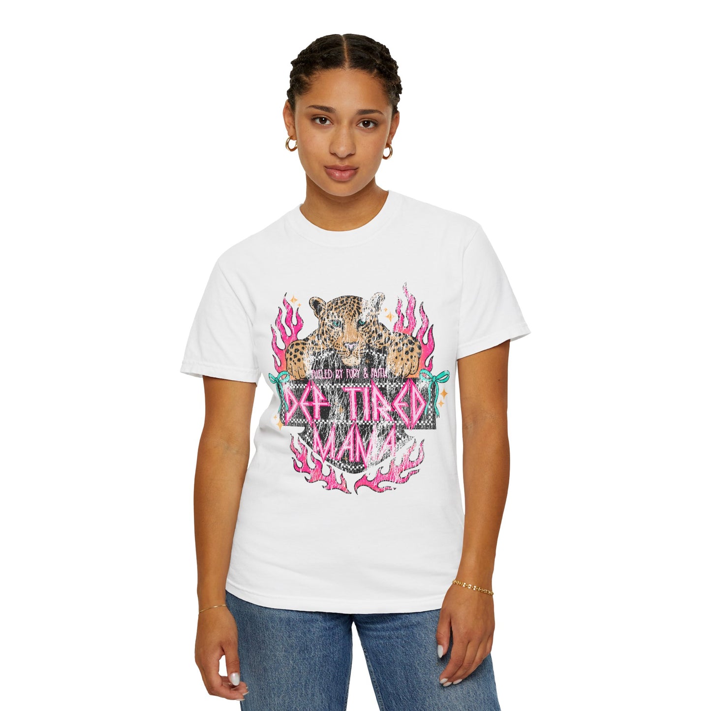 So Tired Mama T-shirt | Leopard, Pink Flames, Retro Gothic Text