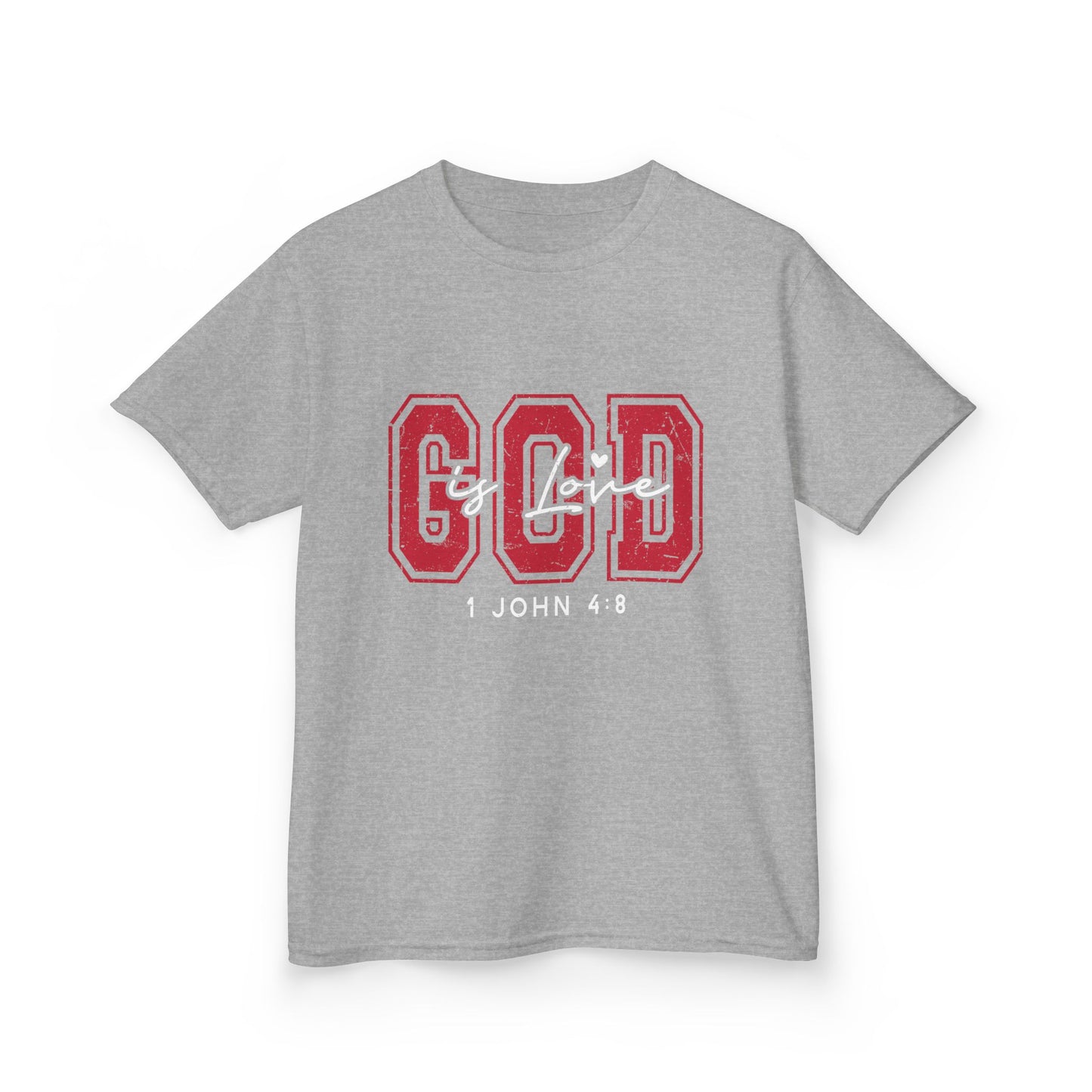 Kids Tee — Distressed Red 'GOD is love' Varsity Lettering