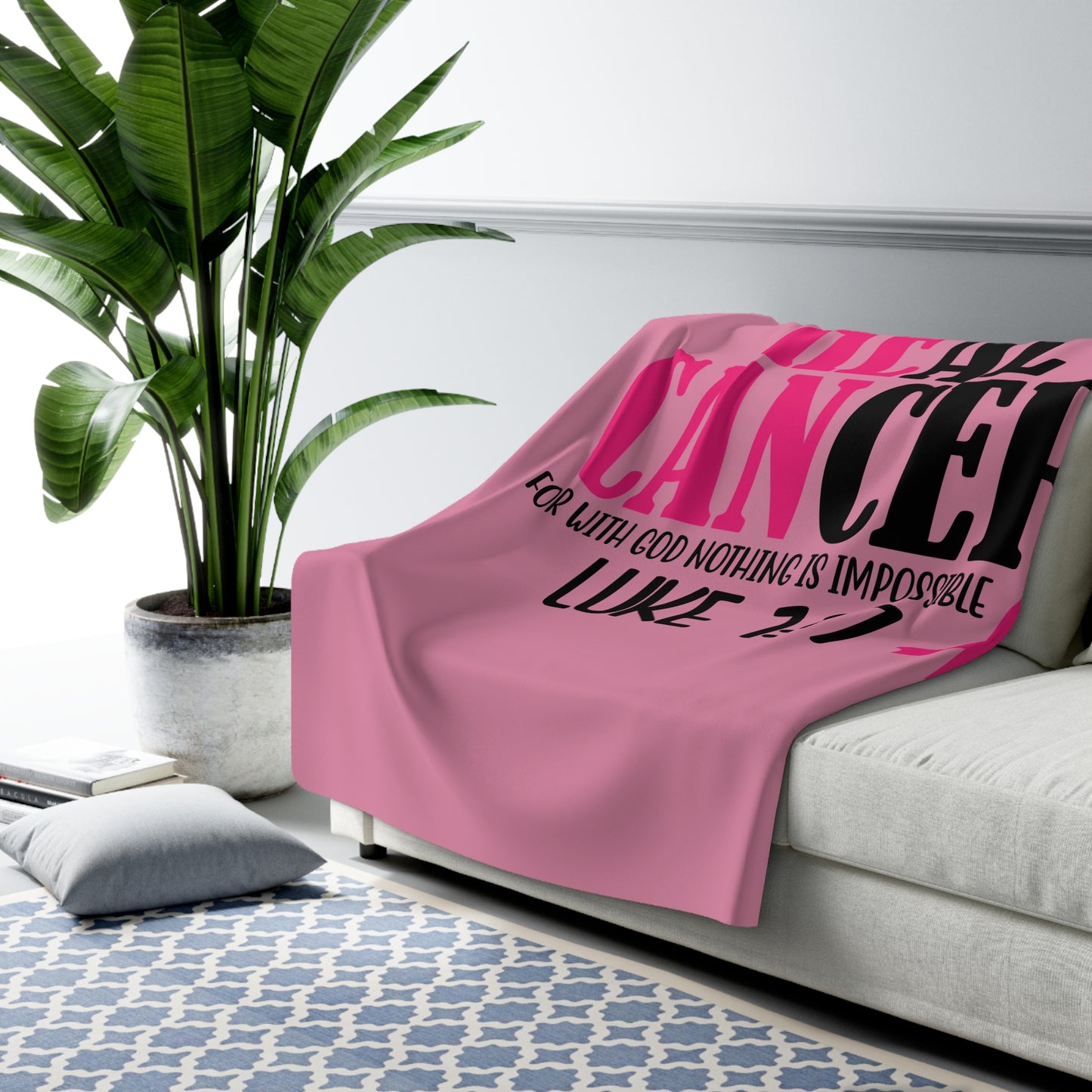 Breast Cancer Hope Sherpa Blanket — "Heal Cancer" Luke 1:37 Pink Ribbon