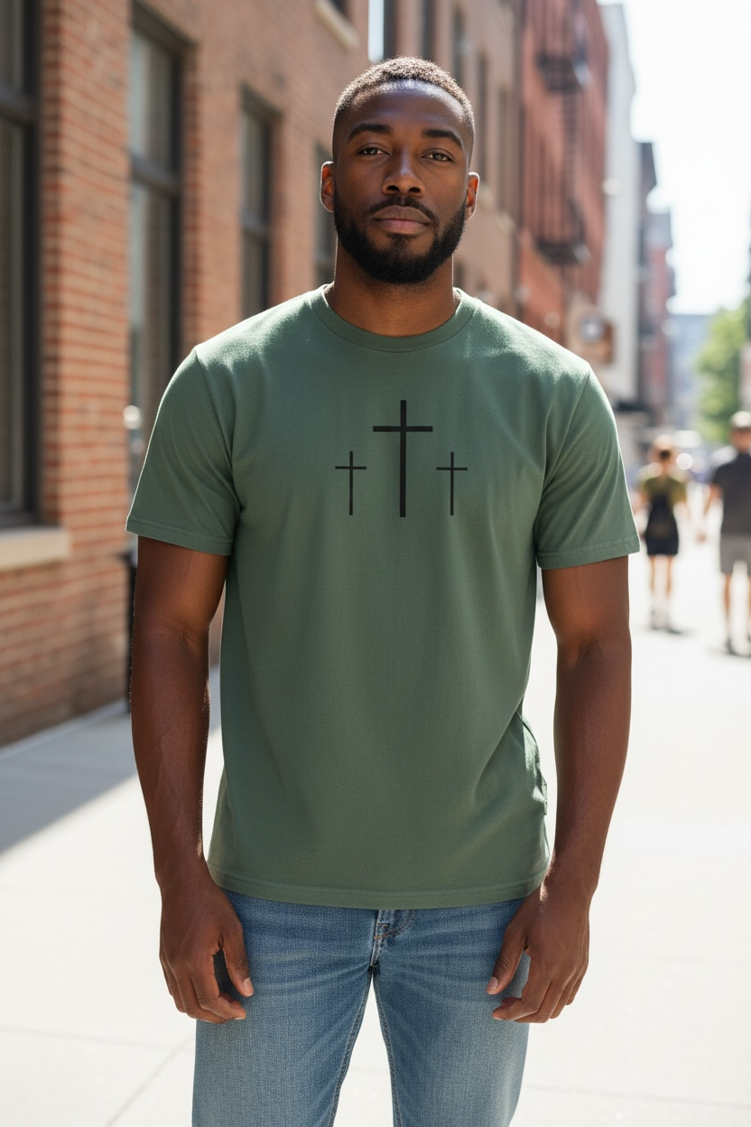 Faith Over Fear Three Crosses T-Shirt — Christian Front & Back Design