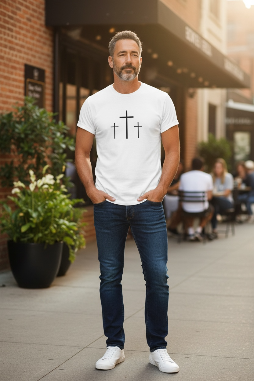 Faith Over Fear Three Crosses T-Shirt — Christian Front & Back Design