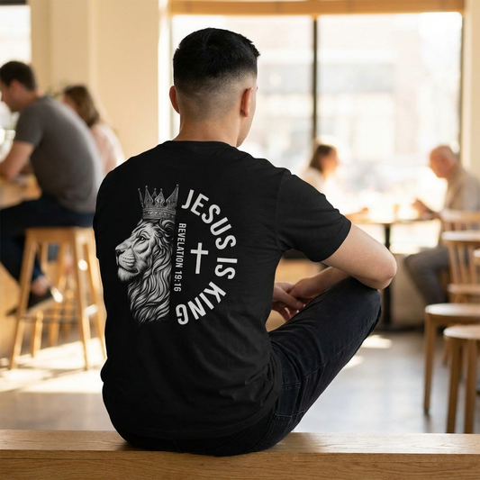 Jesus Is King Lion T-Shirt — Christian Faith Tee with Crown & Revelation 19:16